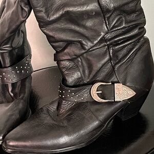 Black Leather Women's Boots with Silver Buckle